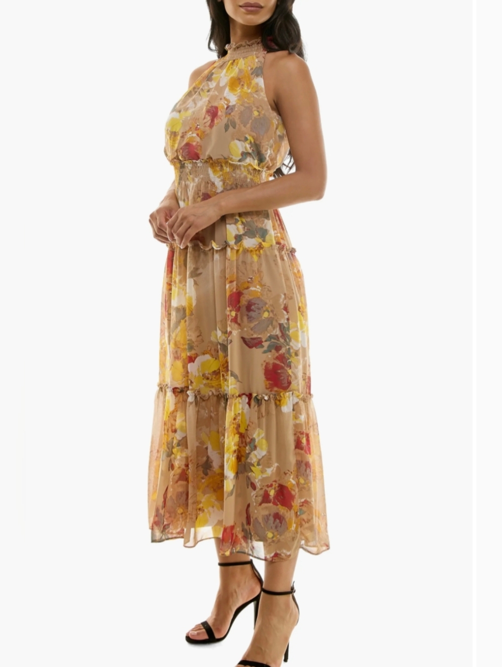Nina Leonard Floral Midi Dress XL Sleeveless Tiered Chiffon Smocked Waist Boho